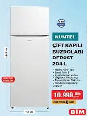 KUMTEL ÇİFT KAPILI BUZDOLABI DFROST 204 L